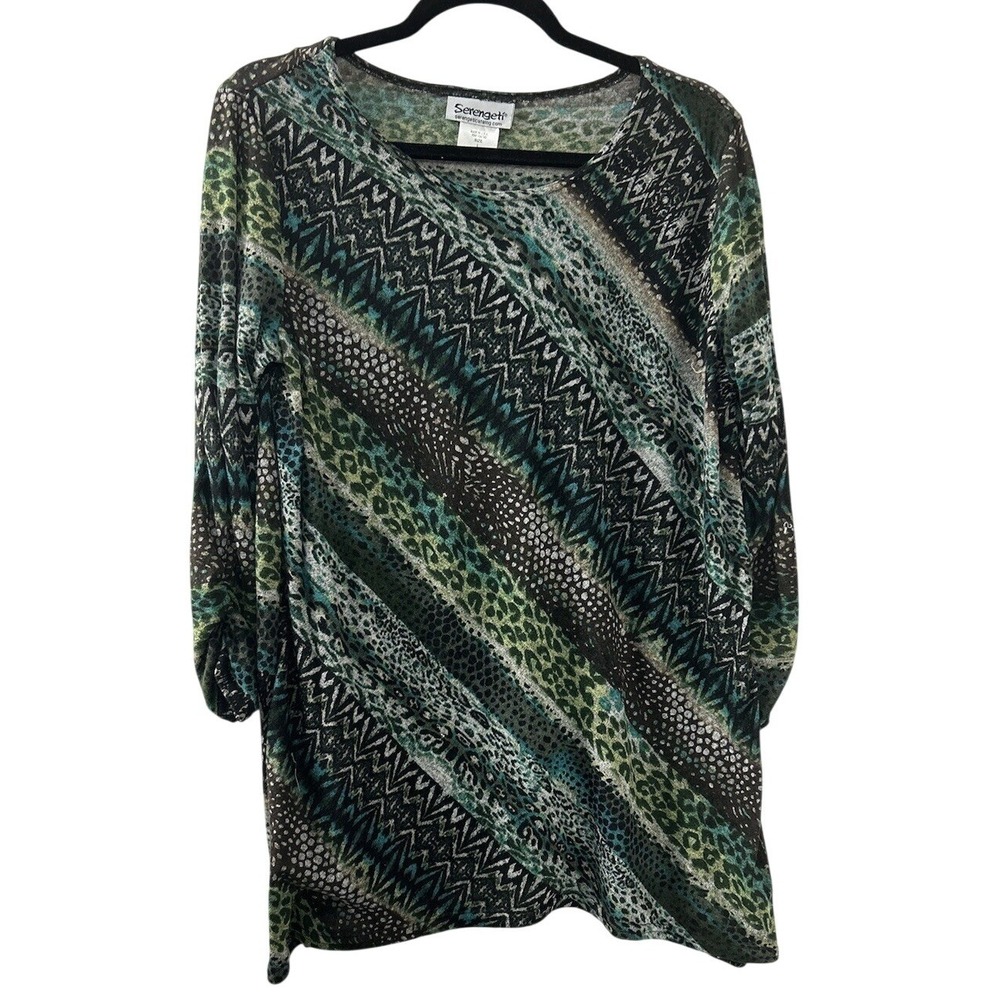 Serengeti Animal Mixed Print‎ Top L Green Ruched Sleeve Boho Tribal Maximalist